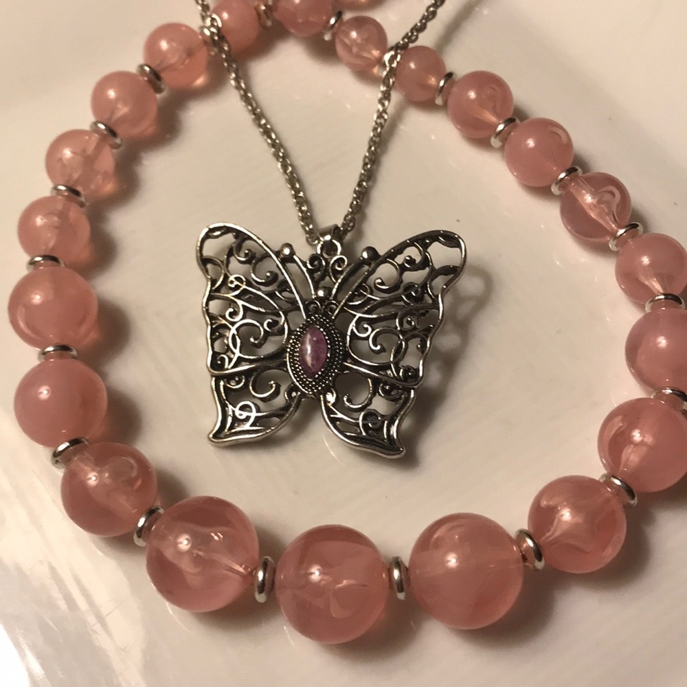 Pink beaded and Butterfly Necklaces